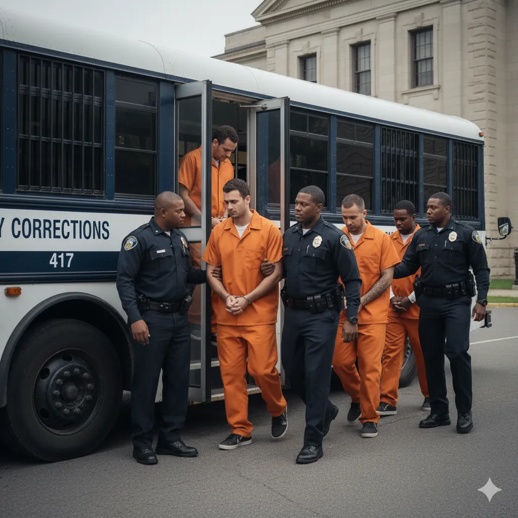 Prisoners boarding a bus to go to prison